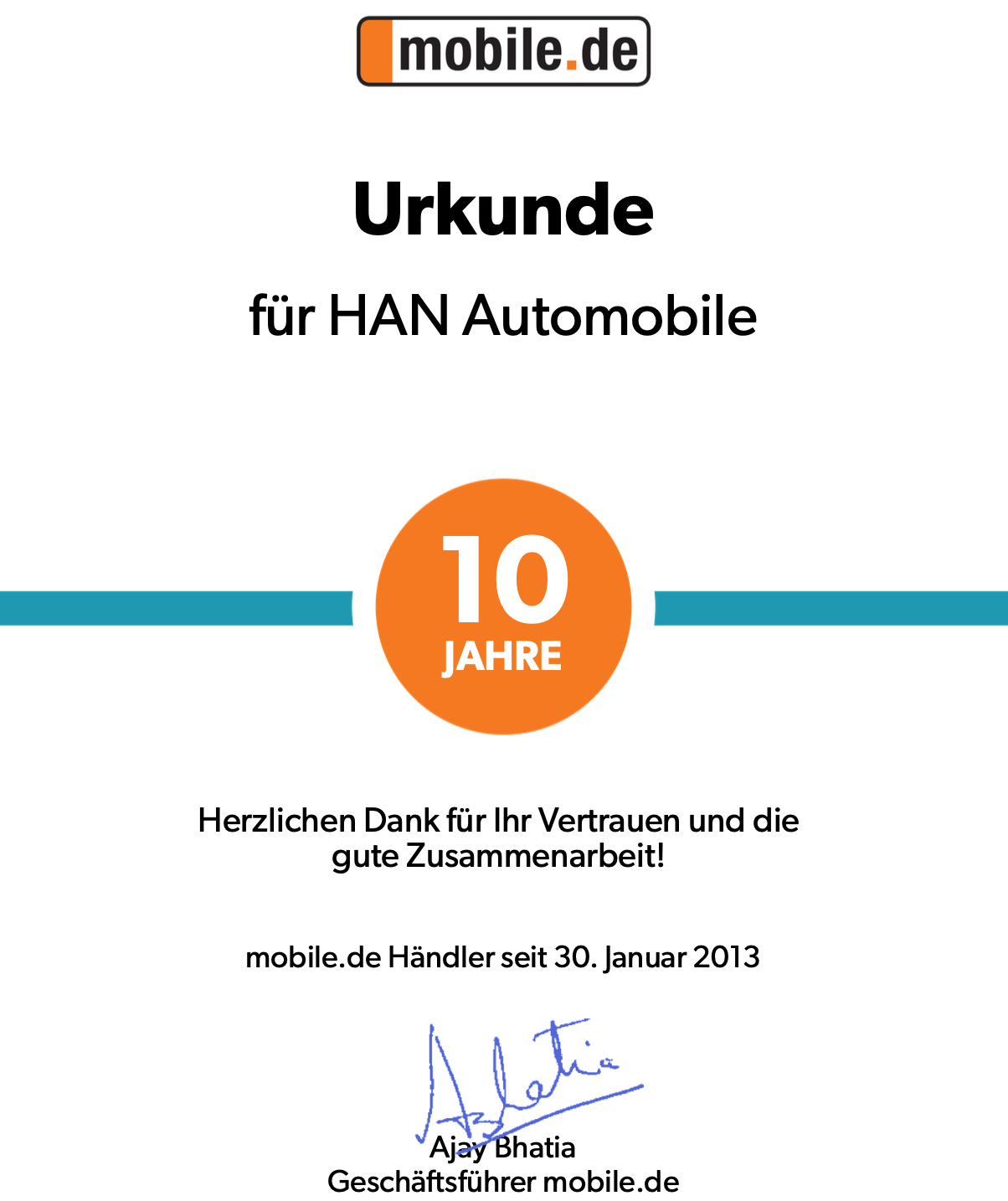 Urkunde 10 Jahre